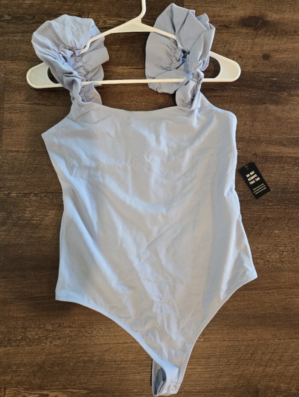 Express Light Blue One-Piece Bodysuit with Ruched Shoulder Straps
